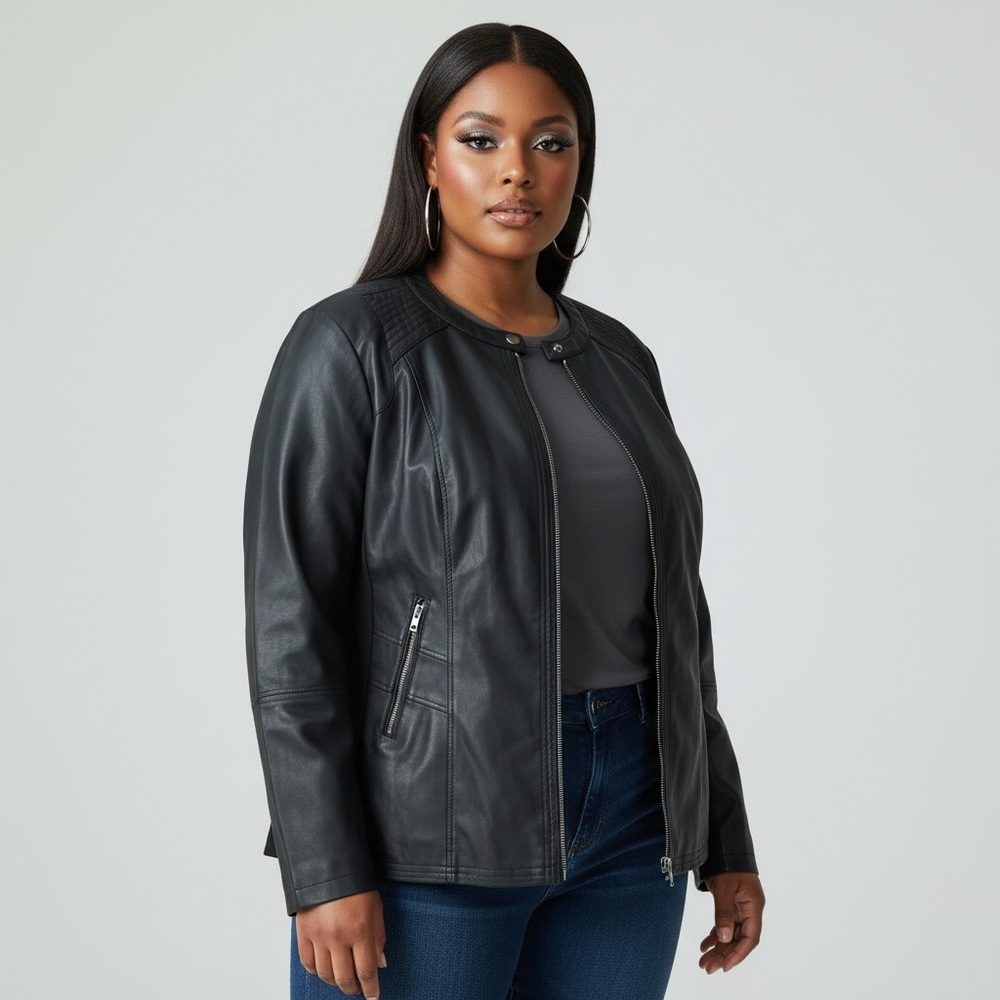 Classic Chic Catherines Black Zip Front Vegan Leather Moto Jacket Minimalist